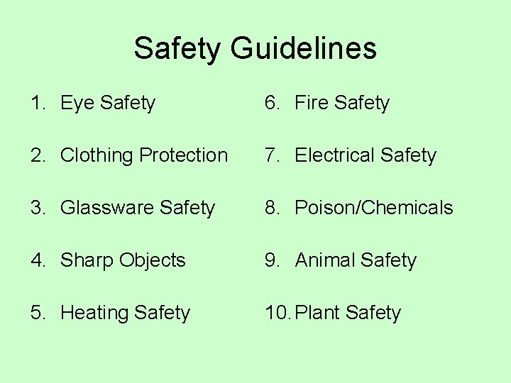 Safety Guidelines 1. Eye Safety 6. Fire Safety 2. Clothing Protection 7. Electrical Safety