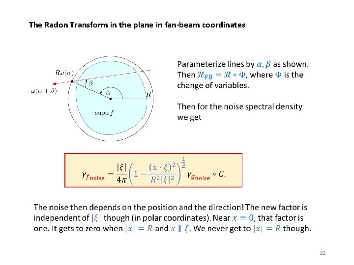 The Radon Transform in the plane in fan-beam coordinates 31 