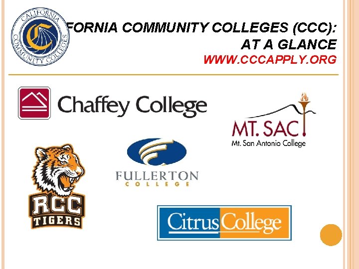 CALIFORNIA COMMUNITY COLLEGES (CCC): AT A GLANCE WWW. CCCAPPLY. ORG 
