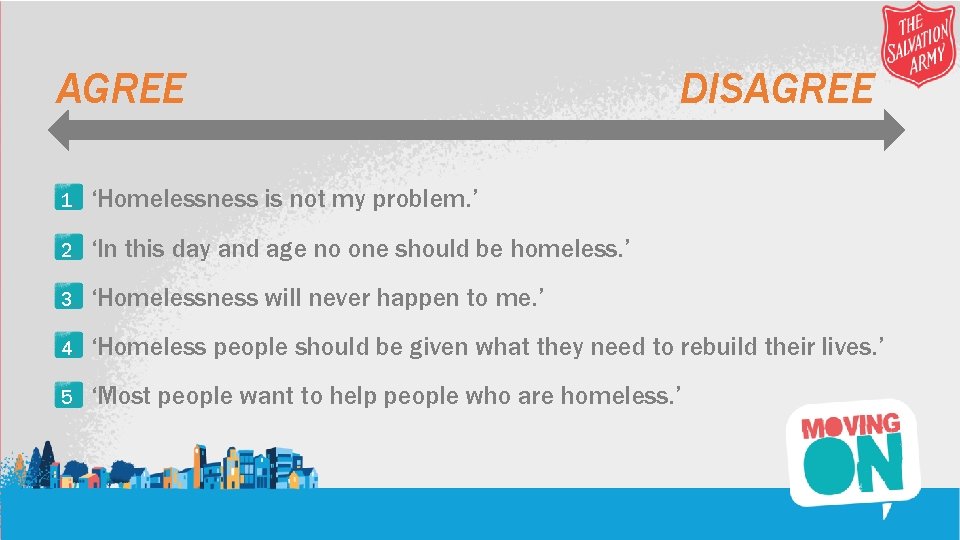 AGREE DISAGREE 1. ‘Homelessness is not my problem. ’ 2. ‘In this day and