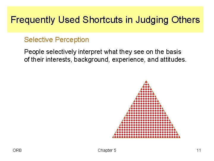 Frequently Used Shortcuts in Judging Others Selective Perception People selectively interpret what they see