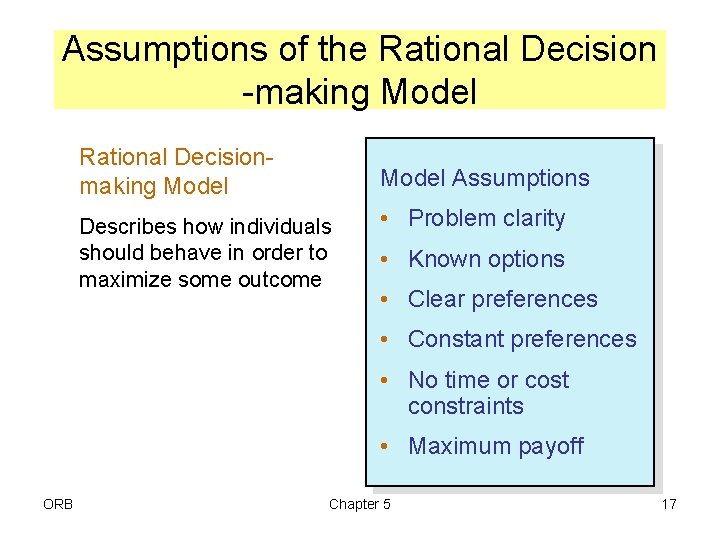 Assumptions of the Rational Decision -making Model Rational Decisionmaking Model Assumptions Describes how individuals
