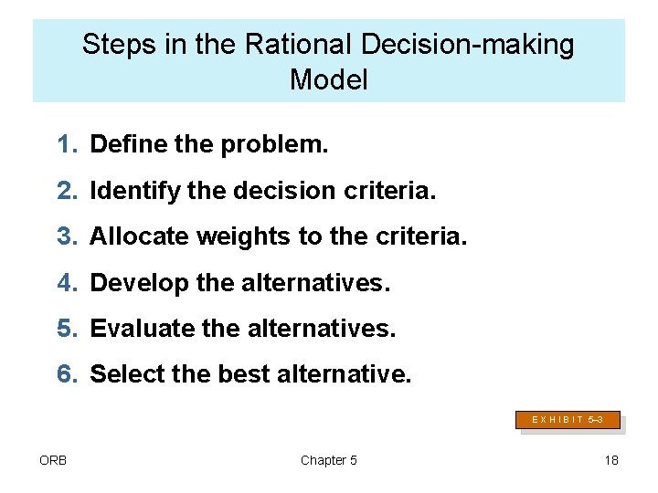 Steps in the Rational Decision-making Model 1. Define the problem. 2. Identify the decision