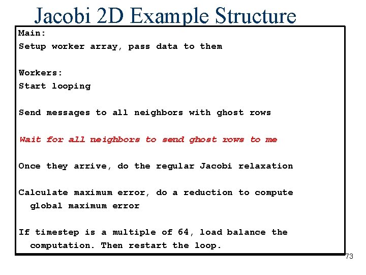 Jacobi 2 D Example Structure Main: Setup worker array, pass data to them Workers: