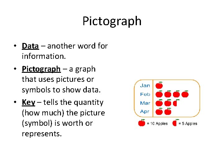 Pictograph • Data – another word for information. • Pictograph – a graph that