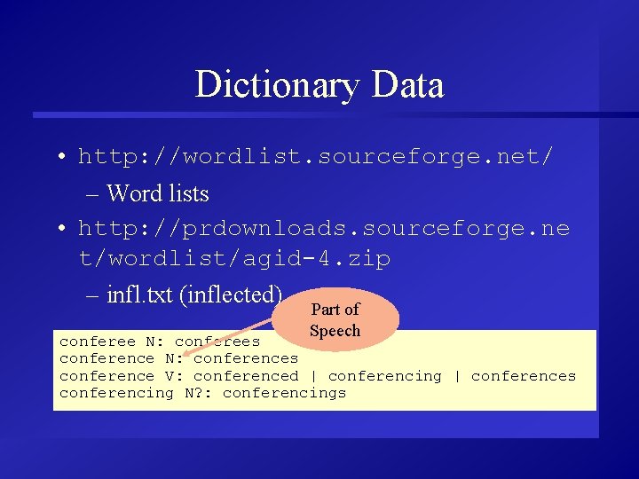 Dictionary Data • http: //wordlist. sourceforge. net/ – Word lists • http: //prdownloads. sourceforge.