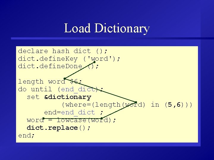 Load Dictionary declare hash dict (); dict. define. Key ('word'); dict. define. Done ();