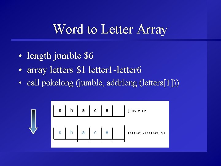 Word to Letter Array • length jumble $6 • array letters $1 letter 1