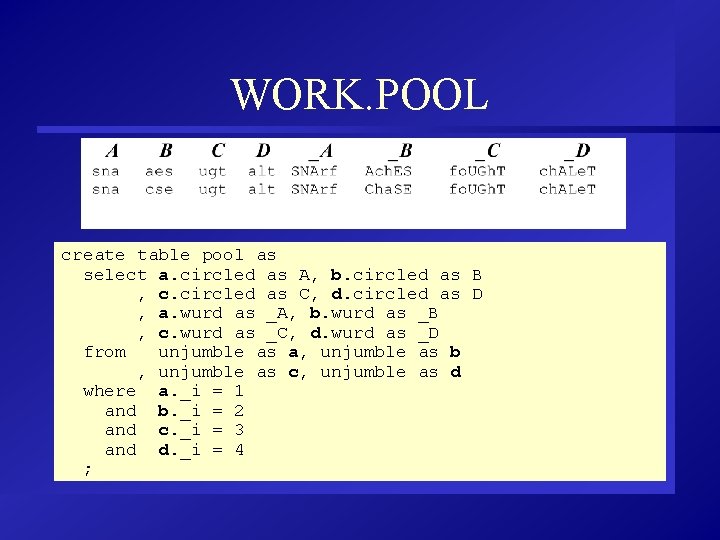 WORK. POOL create table pool as select a. circled as A, b. circled as