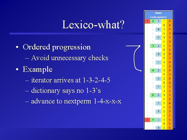 Lexico-what? • Ordered progression – Avoid unnecessary checks • Example – iterator arrives at