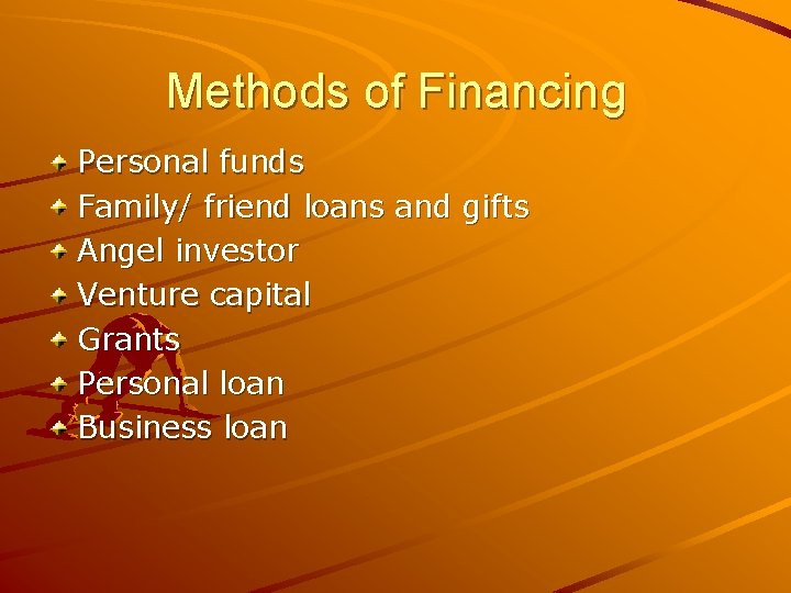 Methods of Financing Personal funds Family/ friend loans and gifts Angel investor Venture capital