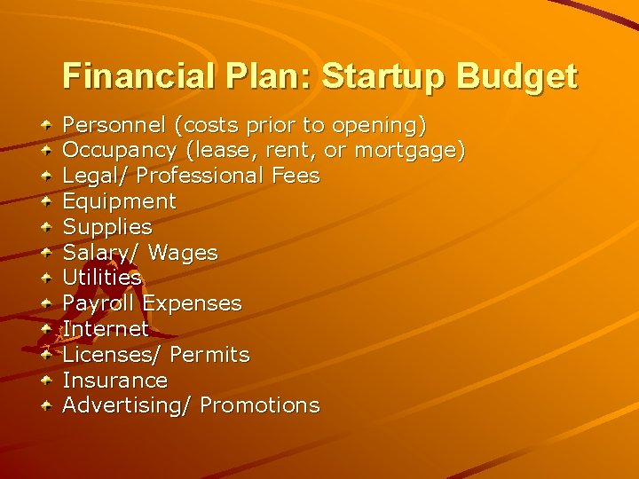 Financial Plan: Startup Budget Personnel (costs prior to opening) Occupancy (lease, rent, or mortgage)