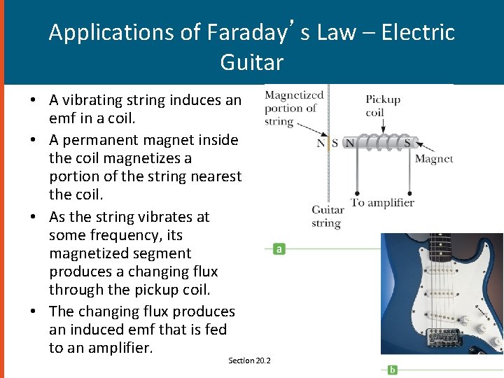 Applications of Faraday’s Law – Electric Guitar • A vibrating string induces an emf