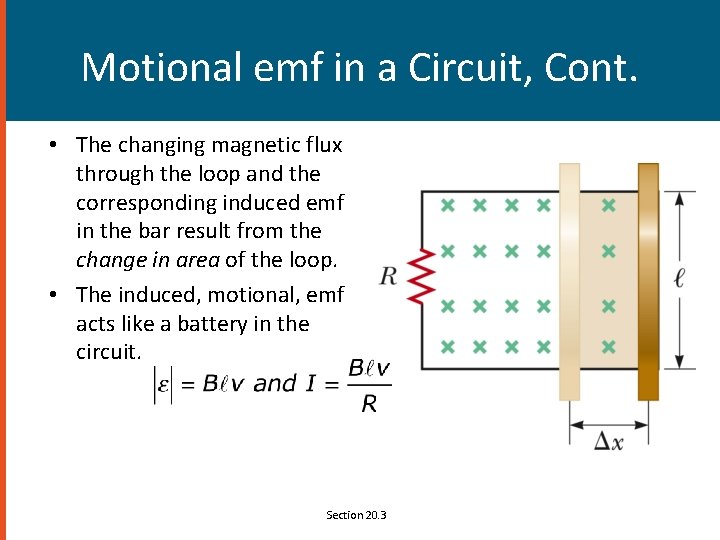 Motional emf in a Circuit, Cont. • The changing magnetic flux through the loop