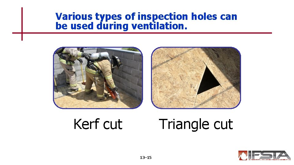Various types of inspection holes can be used during ventilation. Kerf cut Triangle cut