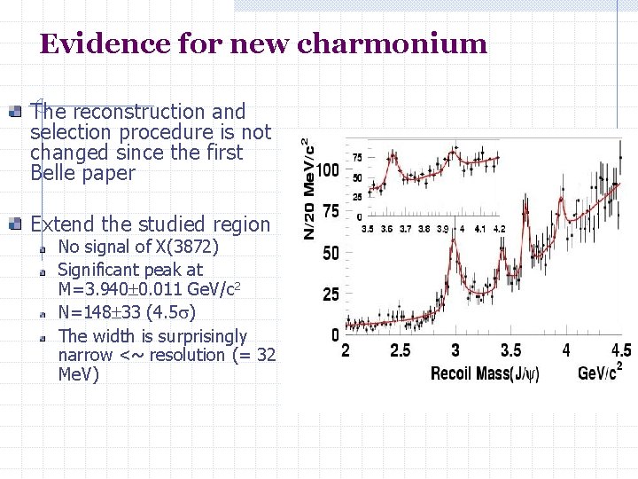 Evidence for new charmonium The reconstruction and selection procedure is not changed since the