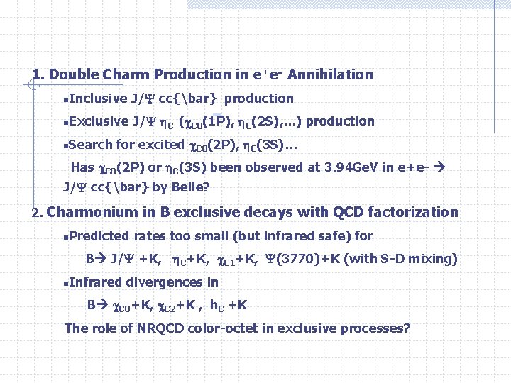 1. Double Charm Production in e+e Annihilation n. Inclusive J/ cc{bar} production n. Exclusive