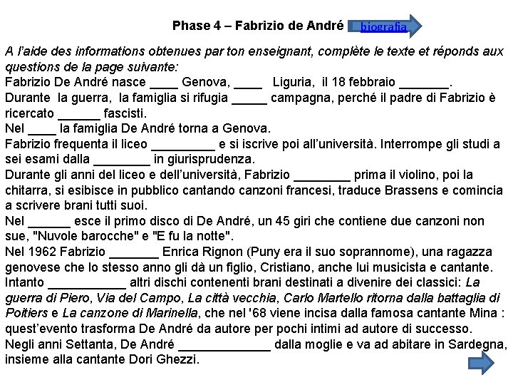 Phase 4 – Fabrizio de André biografia A l’aide des informations obtenues par ton