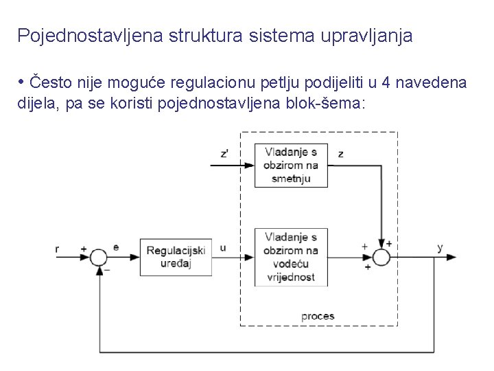 Pojednostavljena struktura sistema upravljanja • Često nije moguće regulacionu petlju podijeliti u 4 navedena