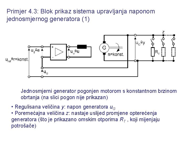 Primjer 4. 3: Blok prikaz sistema upravljanja naponom jednosmjernog generatora (1) Jednosmjerni generator pogonjen