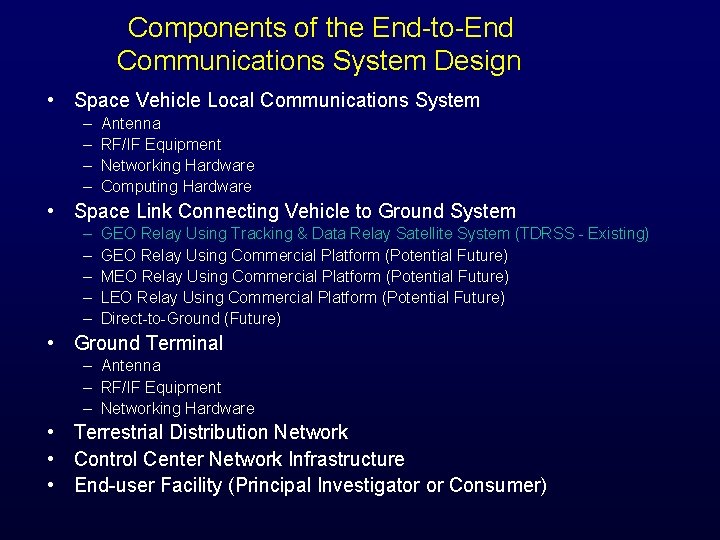 Components of the End-to-End Communications System Design • Space Vehicle Local Communications System –