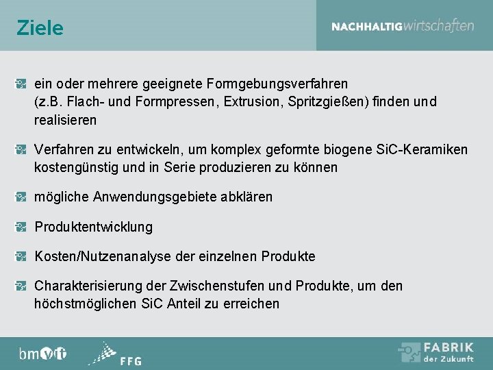 Ziele ein oder mehrere geeignete Formgebungsverfahren (z. B. Flach- und Formpressen, Extrusion, Spritzgießen) finden