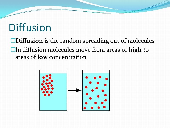 Diffusion �Diffusion is the random spreading out of molecules �In diffusion molecules move from