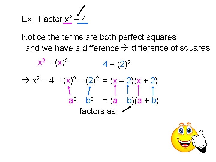 Ex: Factor x 2 – 4 Notice the terms are both perfect squares and