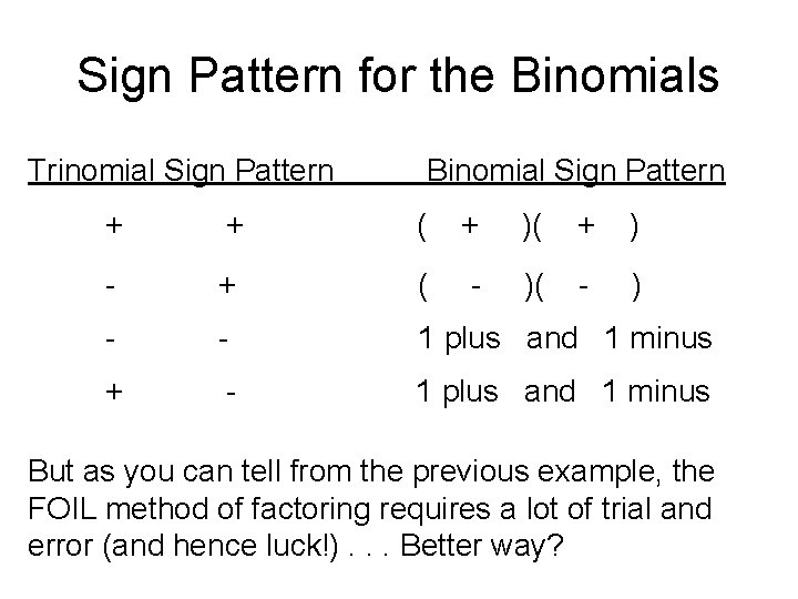 Sign Pattern for the Binomials Trinomial Sign Pattern Binomial Sign Pattern + + (
