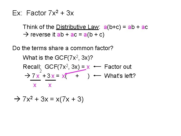 Ex: Factor 7 x 2 + 3 x Think of the Distributive Law: a(b+c)