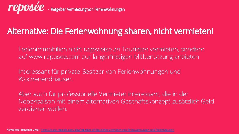 - Ratgeber Vermietung von Ferienwohnungen Alternative: Die Ferienwohnung sharen, nicht vermieten! Ferienimmobilien nicht tageweise