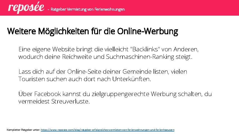 - Ratgeber Vermietung von Ferienwohnungen Weitere Möglichkeiten für die Online-Werbung Eine eigene Website bringt