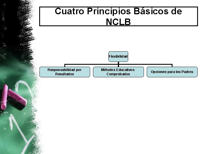 Cuatro Principios Básicos de NCLB Flexibilidad Responsabilidad por Resultados Métodos Educativos Comprobados Opciones para