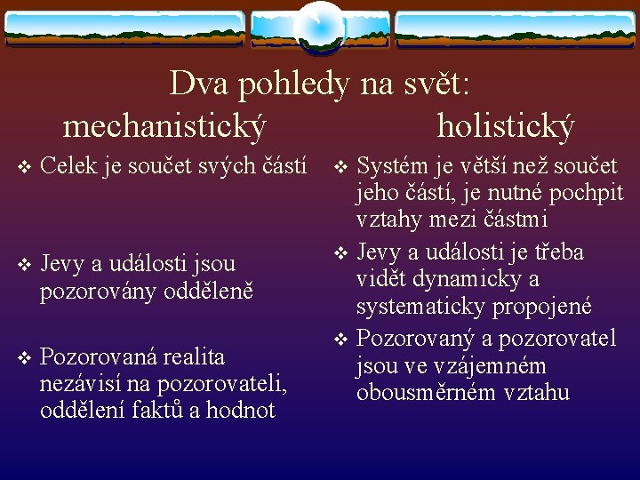 Dva pohledy na svět: mechanistický holistický v Celek je součet svých částí v Jevy