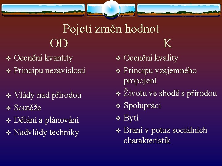 Pojetí změn hodnot OD K Ocenění kvantity v Principu nezávislosti v Vlády nad přírodou