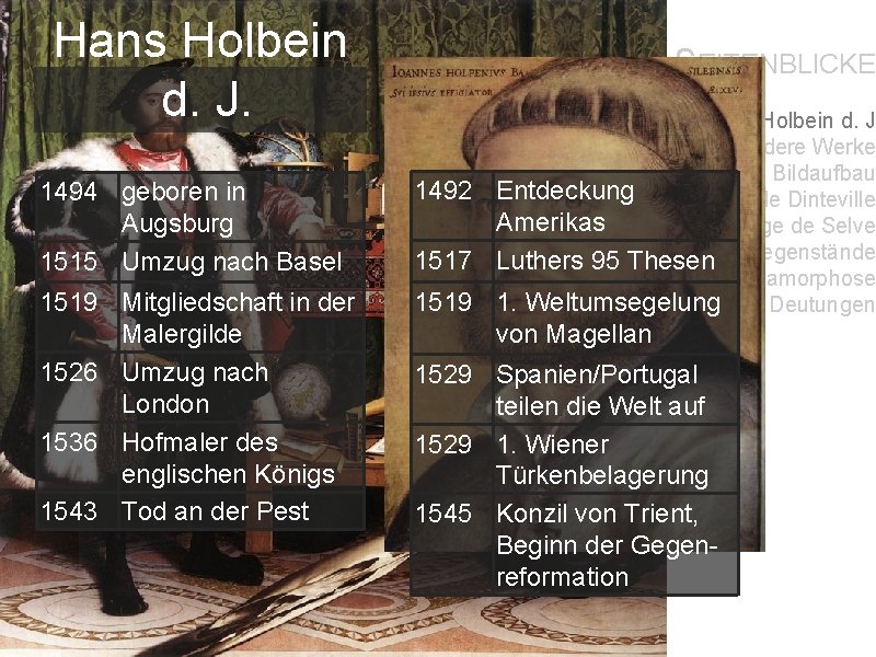 Hans Holbein d. J. SEITENBLICKE 1494 geboren in Augsburg 1515 Umzug nach Basel 1492