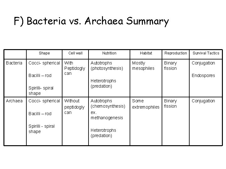 F) Bacteria vs. Archaea Summary Bacteria Shape Cell wall Cocci- spherical With Peptidogly can