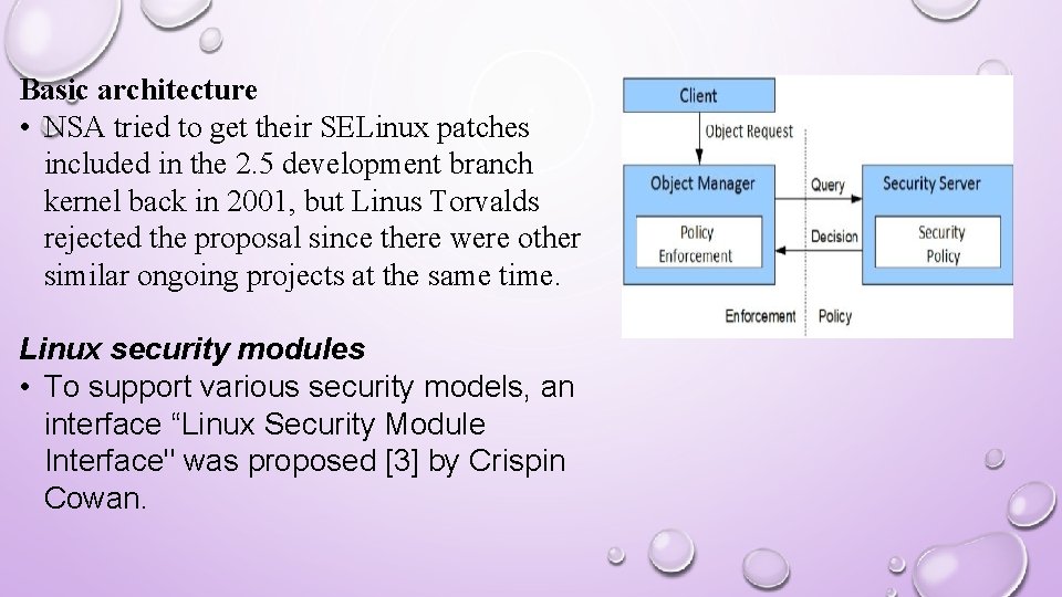 Basic architecture • NSA tried to get their SELinux patches included in the 2.