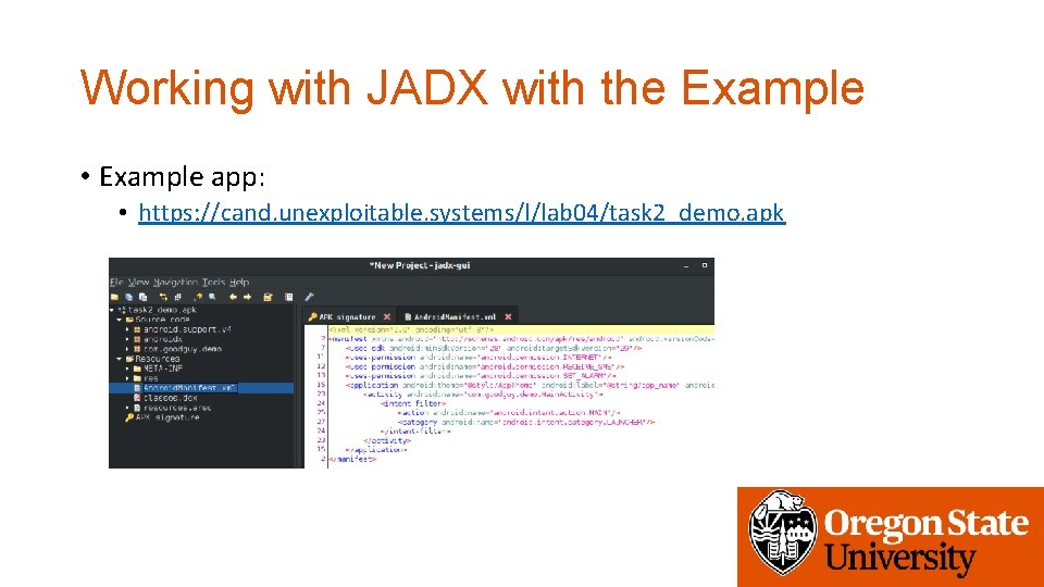 Working with JADX with the Example • Example app: • https: //cand. unexploitable. systems/l/lab