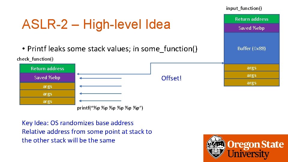 input_function() ASLR-2 – High-level Idea • Printf leaks some stack values; in some_function() Return
