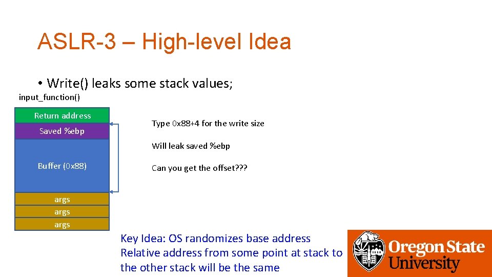 ASLR-3 – High-level Idea • Write() leaks some stack values; input_function() Return address Saved