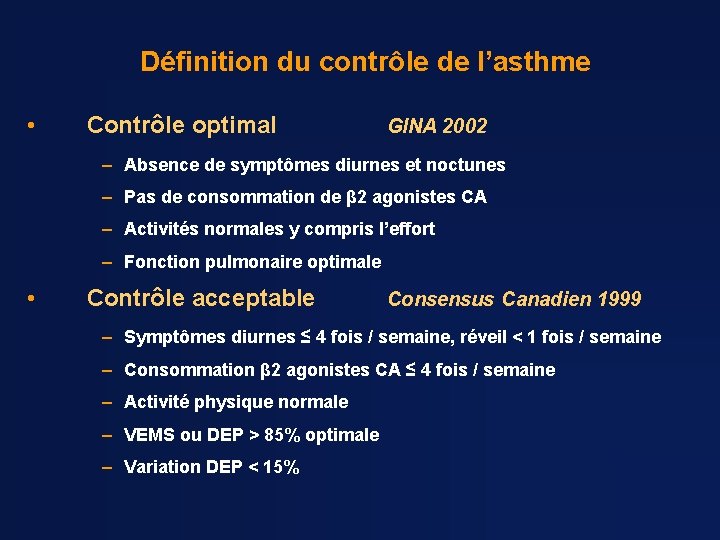 Définition du contrôle de l’asthme • Contrôle optimal GINA 2002 – Absence de symptômes