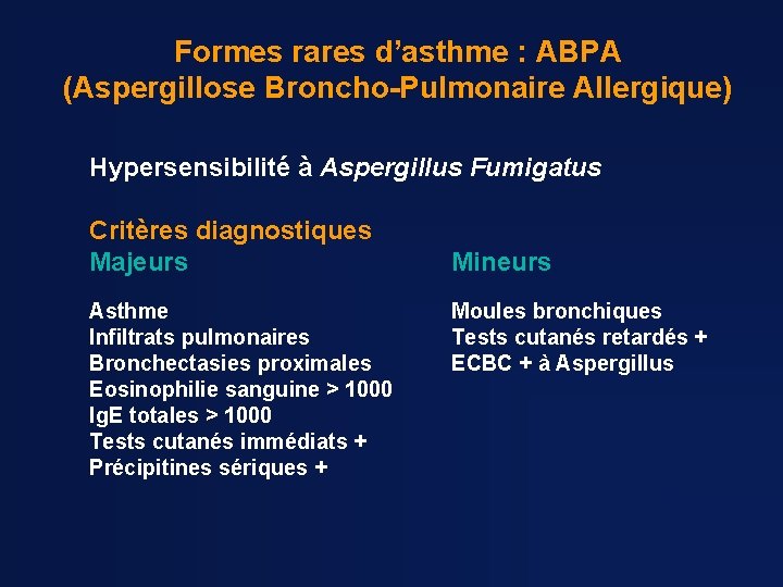 Formes rares d’asthme : ABPA (Aspergillose Broncho-Pulmonaire Allergique) Hypersensibilité à Aspergillus Fumigatus Critères diagnostiques