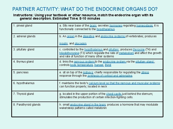 PARTNER ACTIVITY: WHAT DO THE ENDOCRINE ORGANS DO? Instructions: Using your textbook or other