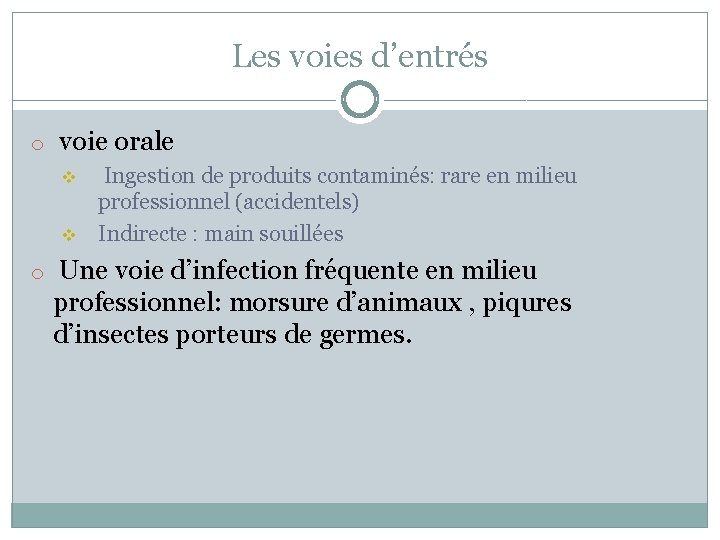 Les voies d’entrés o voie orale v v Ingestion de produits contaminés: rare en