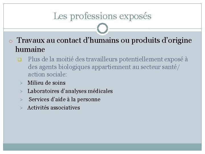Les professions exposés o Travaux au contact d’humains ou produits d’origine humaine q Ø