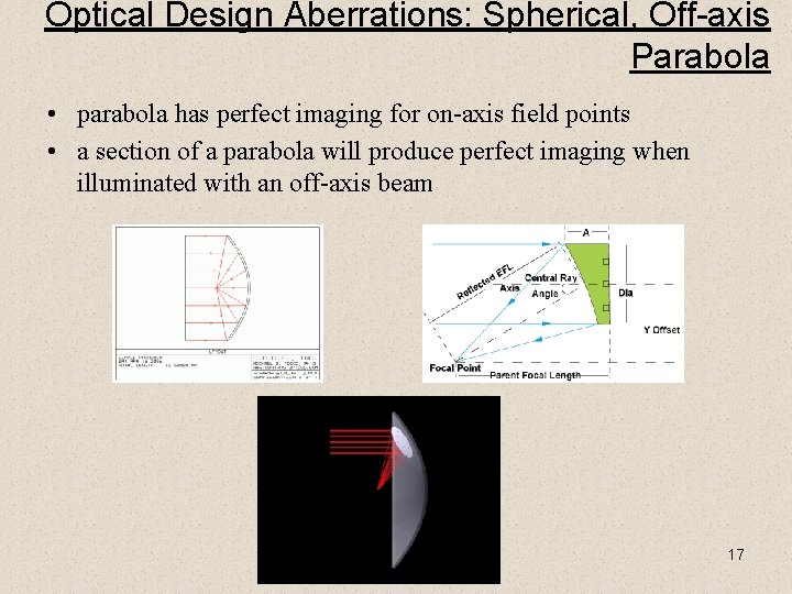Optical Design Aberrations: Spherical, Off-axis Parabola • parabola has perfect imaging for on-axis field