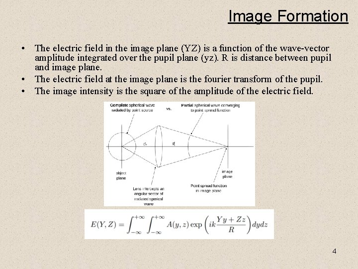 Image Formation • The electric field in the image plane (YZ) is a function