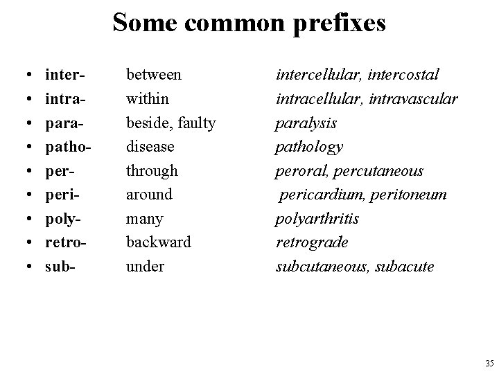 Some common prefixes • • • interintrapathoperperipolyretrosub- between within beside, faulty disease through around