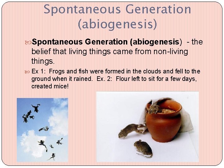Spontaneous Generation (abiogenesis) - the belief that living things came from non-living things. Ex
